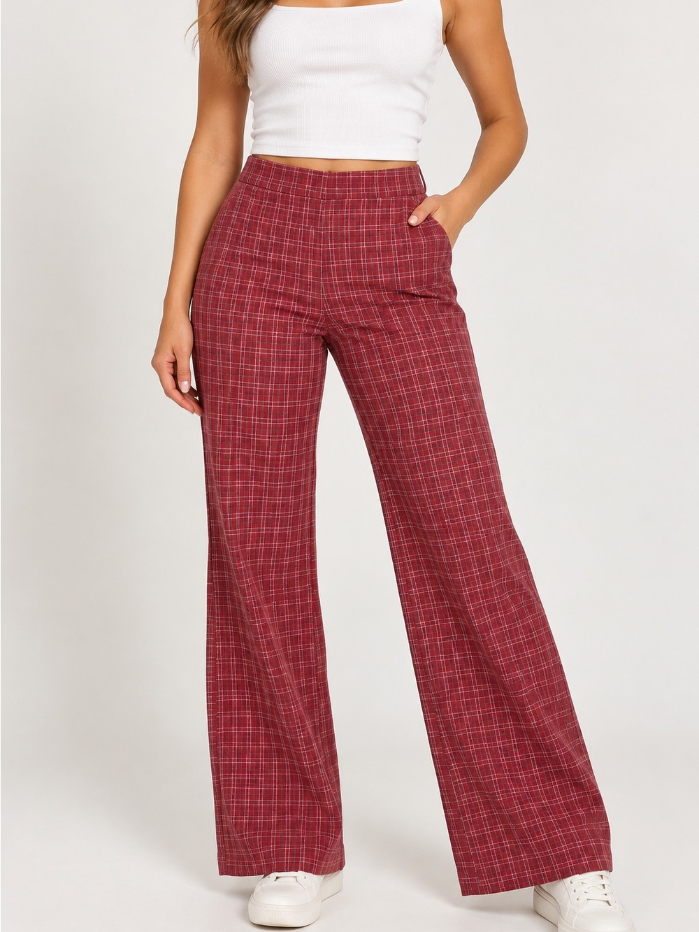 Free People Burgundy Plaid Wide Leg Pants